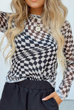 MQTIME  -  Checkered Mock Neck Long Sleeve Blouse