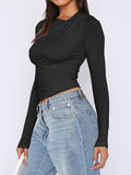 MQTIME  -  Ruched Asymmetrical Neck Long Sleeve T-Shirt