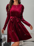 MQTIME  -  Glitter Round Neck Puff Sleeve Dress