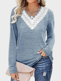 MQTIME  -  Lace Detail V-Neck Long Sleeve T-Shirt