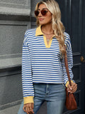 MQTIME  -  Striped Johnny Collar Long Sleeve Sweatshirt