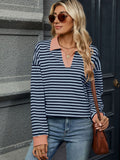 MQTIME  -  Striped Johnny Collar Long Sleeve Sweatshirt