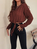 MQTIME  -   Drawstring Hem Cable-Knit Round Neck Sweater