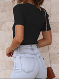 MQTIME  -   Ribbed Round Neck Short Sleeve Knit Top