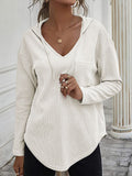 MQTIME  -  Drawstring Waffle Knit Long Sleeve Hooded Top
