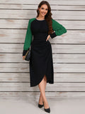 MQTIME  -  Ruched Contrast Long Sleeve Midi Dress