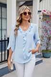 MQTIME  -  Ruffled V-Neck Three-Quarter Sleeve Blouse
