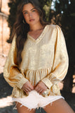 MQTIME  -  Frill Peplum V-Neck Long Sleeve Blouse