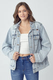MQTIME  -  Full Size Distressed Drawstring Hooded Denim Jacket
