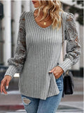 MQTIME  -  Side Slit V-Neck Lace Long Sleeve T-Shirt