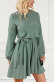 MQTIME  -  Round Neck Long Sleeve Tie Waist Dress