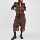 MQTIME  -  Casual Lace Patchwork Elastic Waist Trouser Women Chic High-waisted Lace-up Loose Wide-leg Ninth Pants Lady Street Trousers