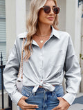 MQTIME  -  Striped Collared Neck Button Down Long Sleeve Shirt