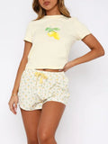 MQTIME  -  Printed Round Neck Short Sleeve Top and Drawstring Shorts Set