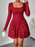 BaMQTIME  -  ckless Glitter Square Neck Long Sleeve Mini Dress