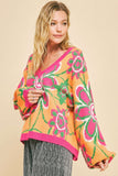 MQTIME  -   Floral Contrast V-Neck Dropped Shoulder Sweater
