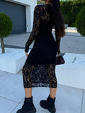 MQTIME  -  Lace Round Neck Long Sleeve Midi Dress