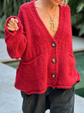 MQTIME  -  Pocketed V-Neck Button Up Cardigan