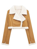 MQTIME  -   Collared Neck Long Sleeve Plush Cropped Jacket