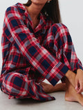 MQTIME  -  Plaid Collared Neck Button Up Top and Pants Lounge Set