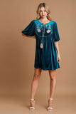 MQTIME  -  Umgee Embroidered Half Sleeve Velvet Mini Dress with Tassel