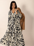 MQTIME  -  Tied Printed V-Neck Long Sleeve Midi Dress