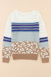 MQTIME  -  Leopard Striped Round Neck Crochet Knit Top