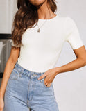 MQTIME  -   Ribbed Round Neck Short Sleeve Knit Top