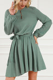 MQTIME  -  Round Neck Long Sleeve Tie Waist Dress