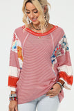 MQTIME  -  Striped Floral Patchwork Round Neck Top