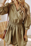 MQTIME  -  Smocked Johnny Collar Three-Quarter Sleeve Mini Dress