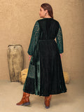 MQTIME  -  Plus Size Lace Patchwork V-Neck Balloon Sleeve Midi Dress