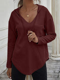 MQTIME  -  Drawstring Waffle Knit Long Sleeve Hooded Top