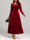 MQTIME  -  Square Neck Long Sleeve Velvet Dress