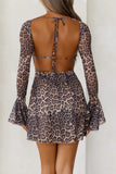 MQTIME  -  Backless Leopard Flare Sleeve Dress