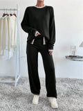 MQTIME  -  Side Slit Contrast Trim Round Neck Top and Pants Sweater Set