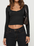 MQTIME  -  Scoop Neck Long Sleeve Cropped T-Shirt