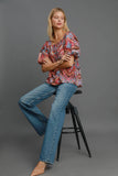MQTIME  -  Umgee Full Size Abstract Print Smocked Square Neck Puff Sleeve Blouse