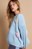 MQTIME  -  POL Crochet Flower Round Neck Dropped Shoulder Sweater