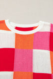 MQTIME  -  Contrast Plaid Round Neck Cap Sleeve Sweater
