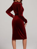 MQTIME  -  Round Neck Tie Waist Long Sleeve Velvet Dress