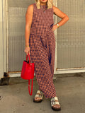 MQTIME  -  Lovelet Plaid Round Neck Sleeveless Top and Pants Set