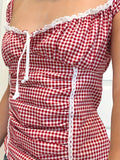 MQTIME  -  Women's Summer Casual Tie-Up Back Plaid Print Ruched Short Sleeve Top - Red & White Checkered -Blend Square Neck Streetwear Aesthetic Top with Adjustable Drawstring, Ladies Tops And Blouses for Summer