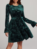 MQTIME  -  Tied Flower Print Round Neck Flounce Sleeve Dress
