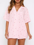 MQTIME  -  Valentine's Day Printed Collared Neck Short Sleeve Top and Shorts Set