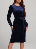 MQTIME  -  Round Neck Tie Waist Long Sleeve Velvet Dress