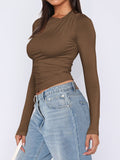 MQTIME  -  Ruched Asymmetrical Neck Long Sleeve T-Shirt