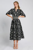MQTIME  -  Umgee Bow Tie Print Notched Contrast Velvet Trim Midi Dress