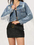 MQTIME  -  Distressed Fringe Collared Neck Cropped Denim Top