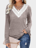 MQTIME  -  Lace Detail V-Neck Long Sleeve T-Shirt